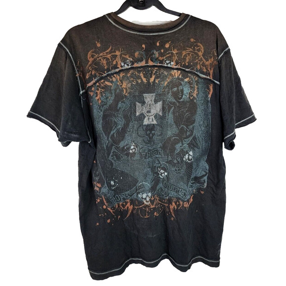 VTG Division E Distress T-Shirt Men’s Black Short Sleeve Neck Cross Skulls Y2K L - Picture 2 of 4